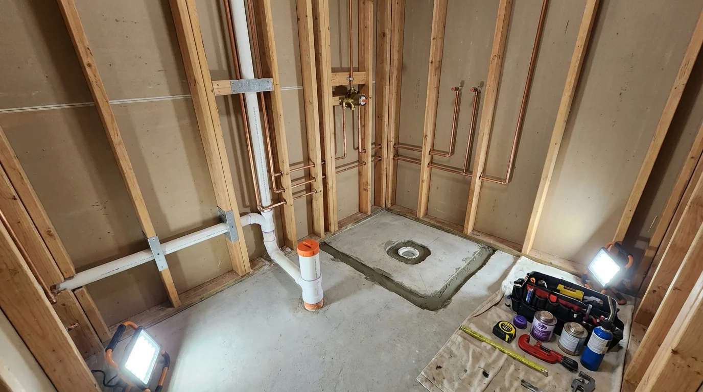 Bathroom rough-in plumbing during remodel by Johns Plumbing LLC in Westfield Center