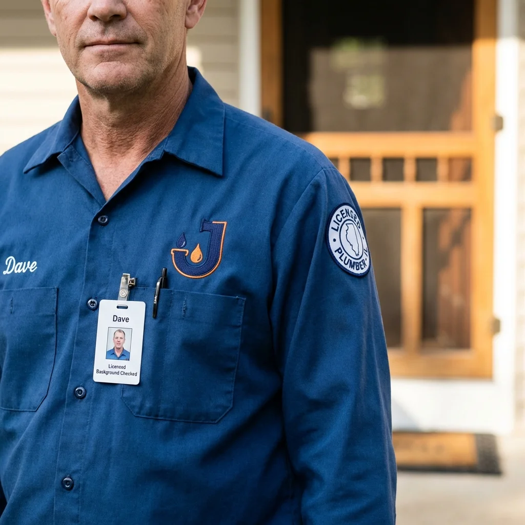 Licensed plumber showing ID badge in Westfield Center, OH
