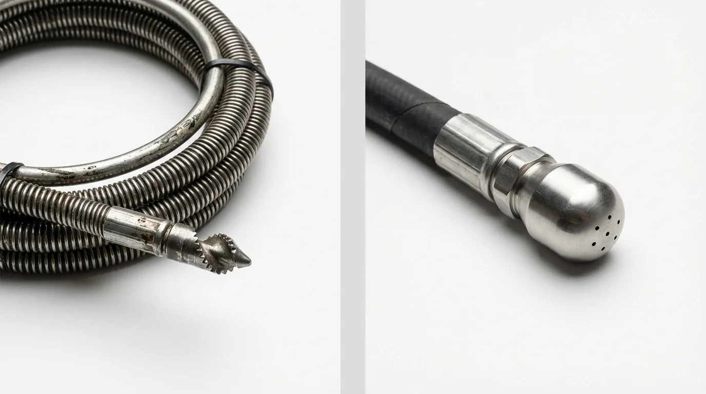 Drain snake cable and hydro jetting nozzle used for drain cleaning in Westfield Center, OH