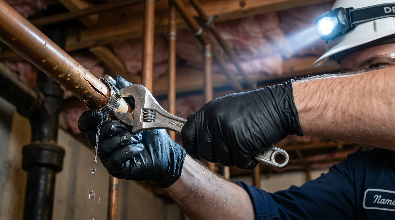 Emergency pipe clamp repair being performed by a Johns Plumbing LLC plumber in Westfield Center