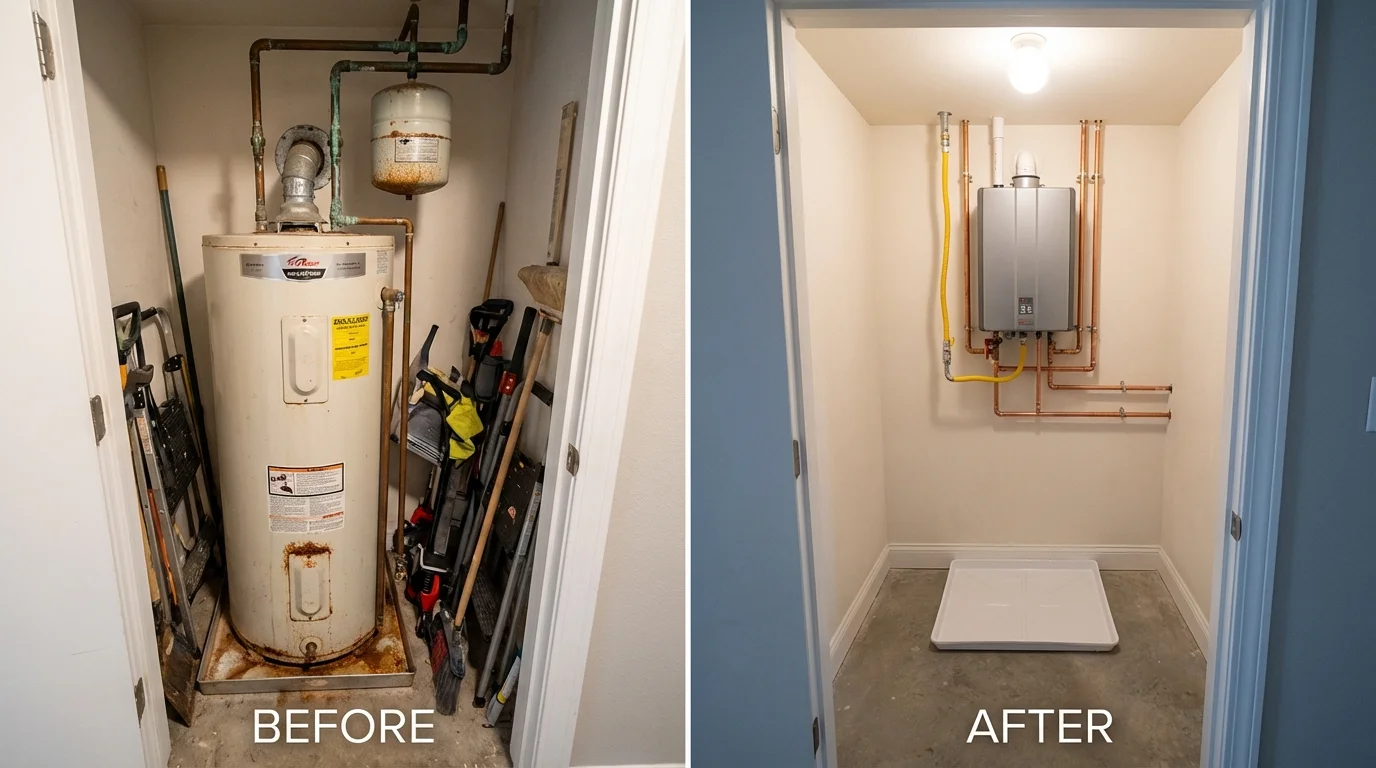 Tank water heater versus wall-mounted tankless unit comparison for Westfield Center, OH homeowners