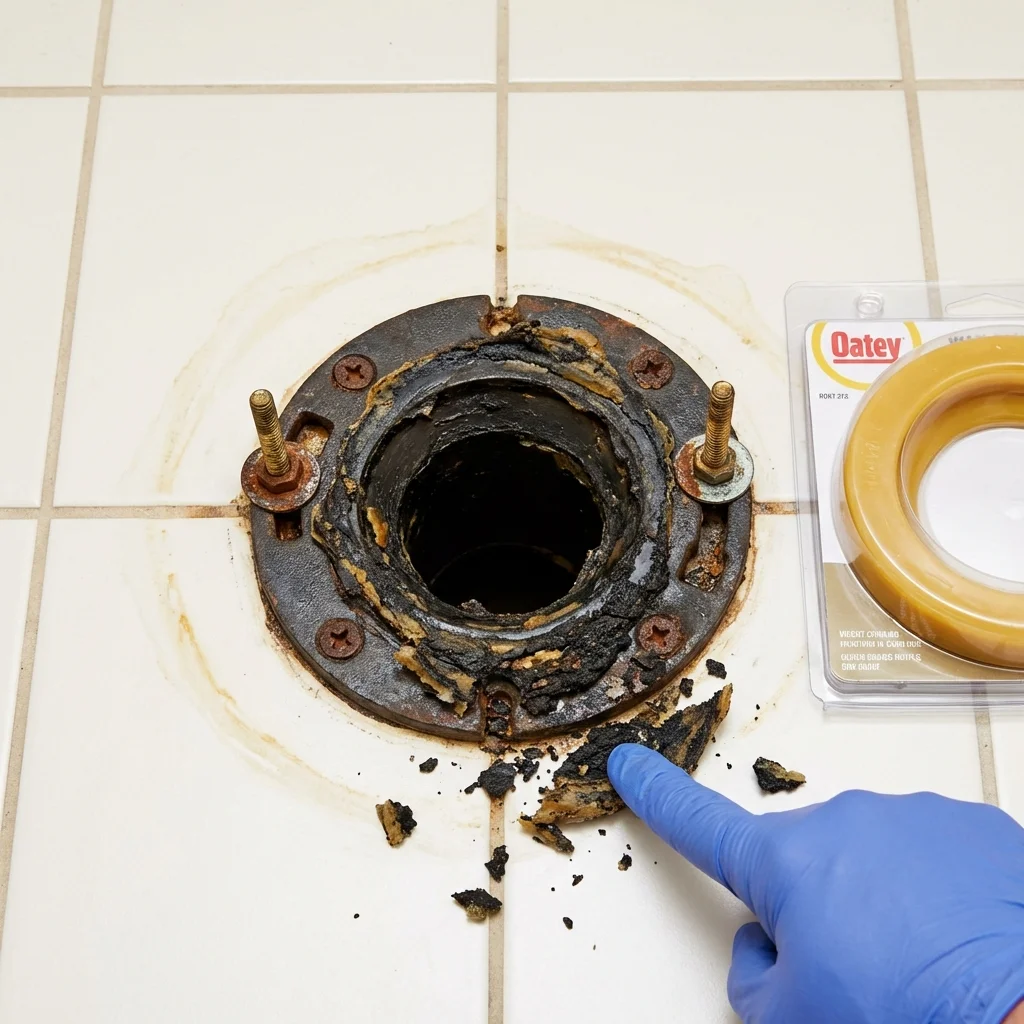 Failed wax ring showing water seepage at the base of a toilet in a Westfield Center, OH home