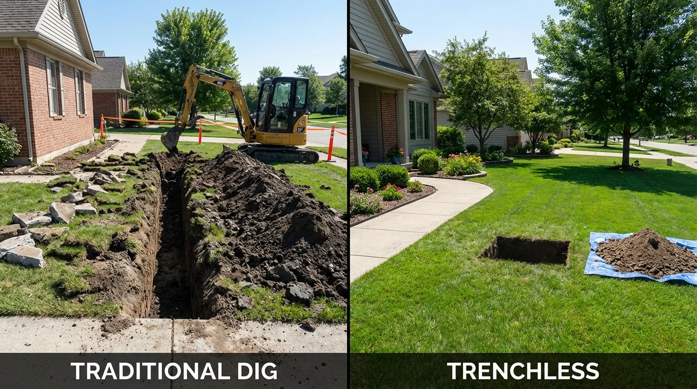 Trenchless sewer repair with minimal yard damage versus traditional excavation in Westfield Center, OH