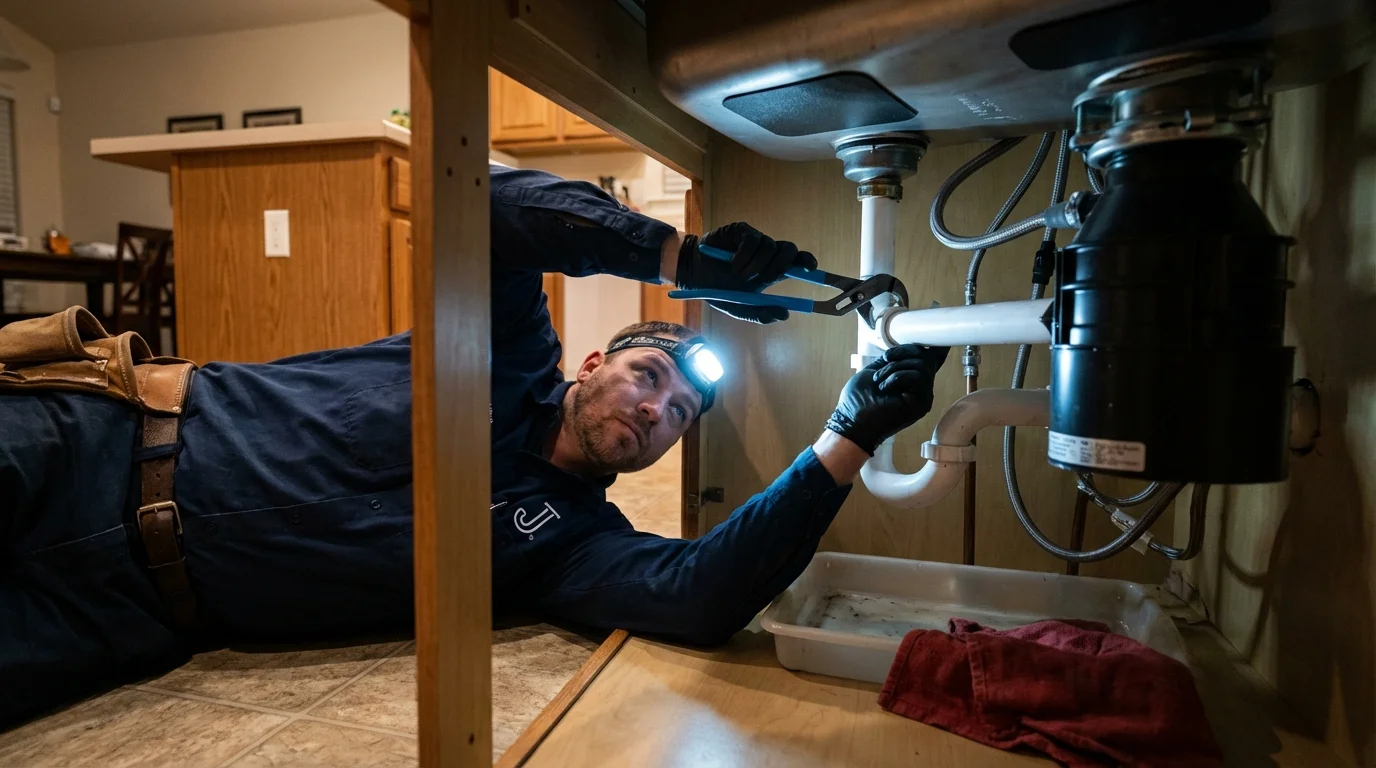 P-trap and supply line connections under a kitchen sink showing a common leak point in Westfield Center, OH